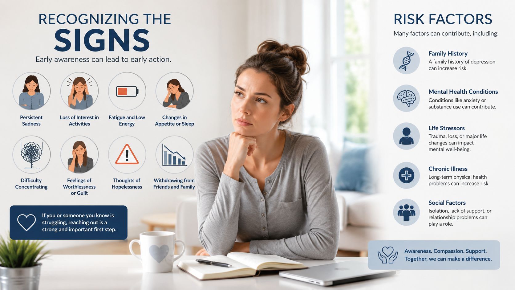 A woman looks thoughtful as an infographic illustrates signs of depression and various risk factors for mental health.