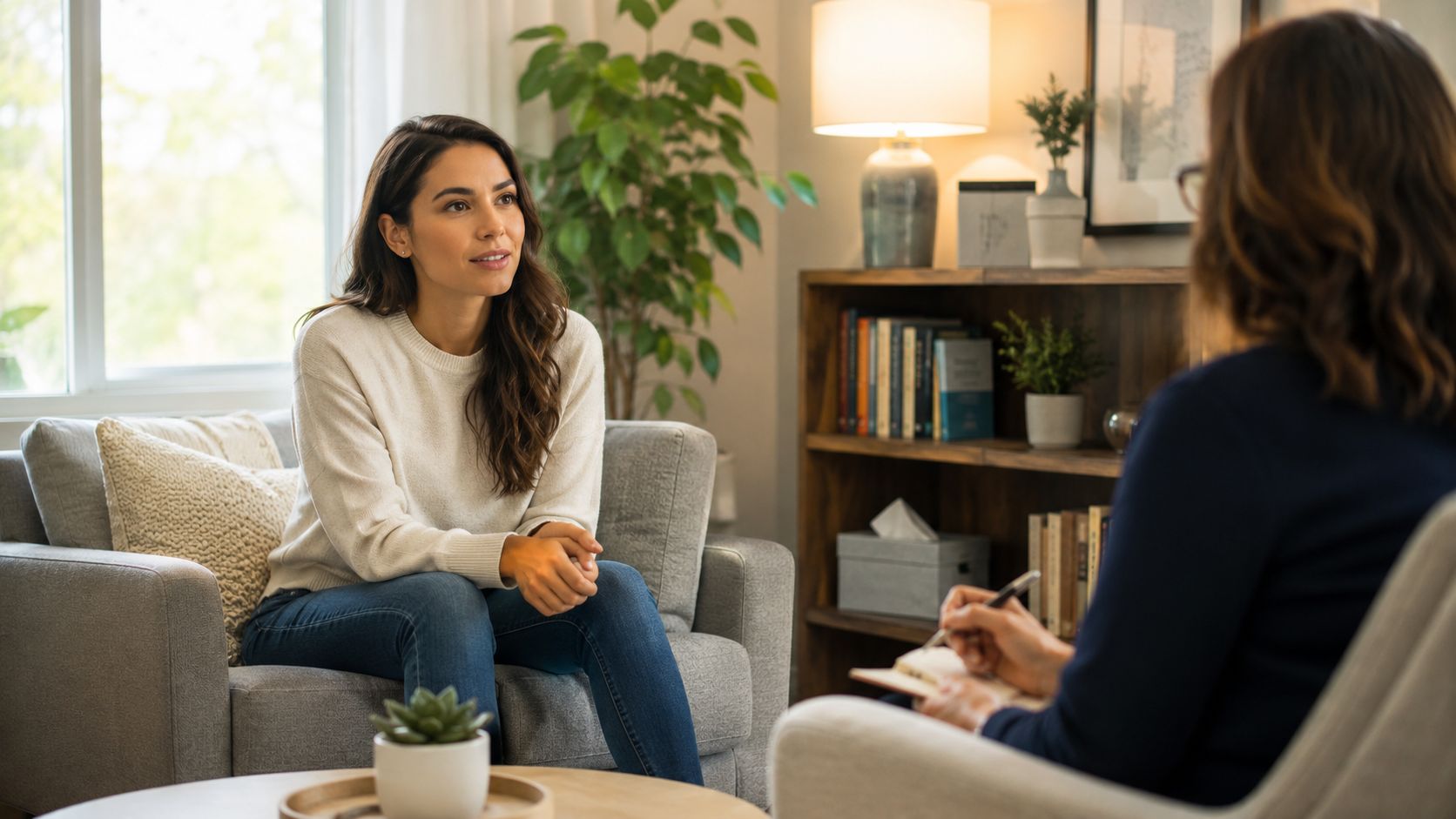 A woman sits in a comfortable chair during a therapy session while talking to her therapist.