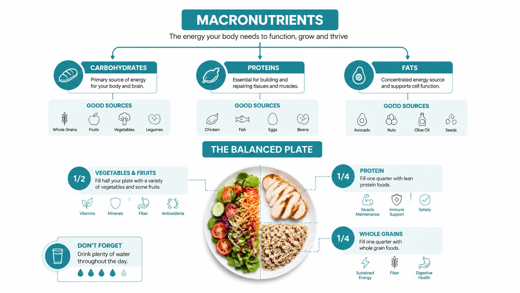 An infographic showing macronutrients and a visual guide for creating a healthy, balanced plate for daily nutrition.