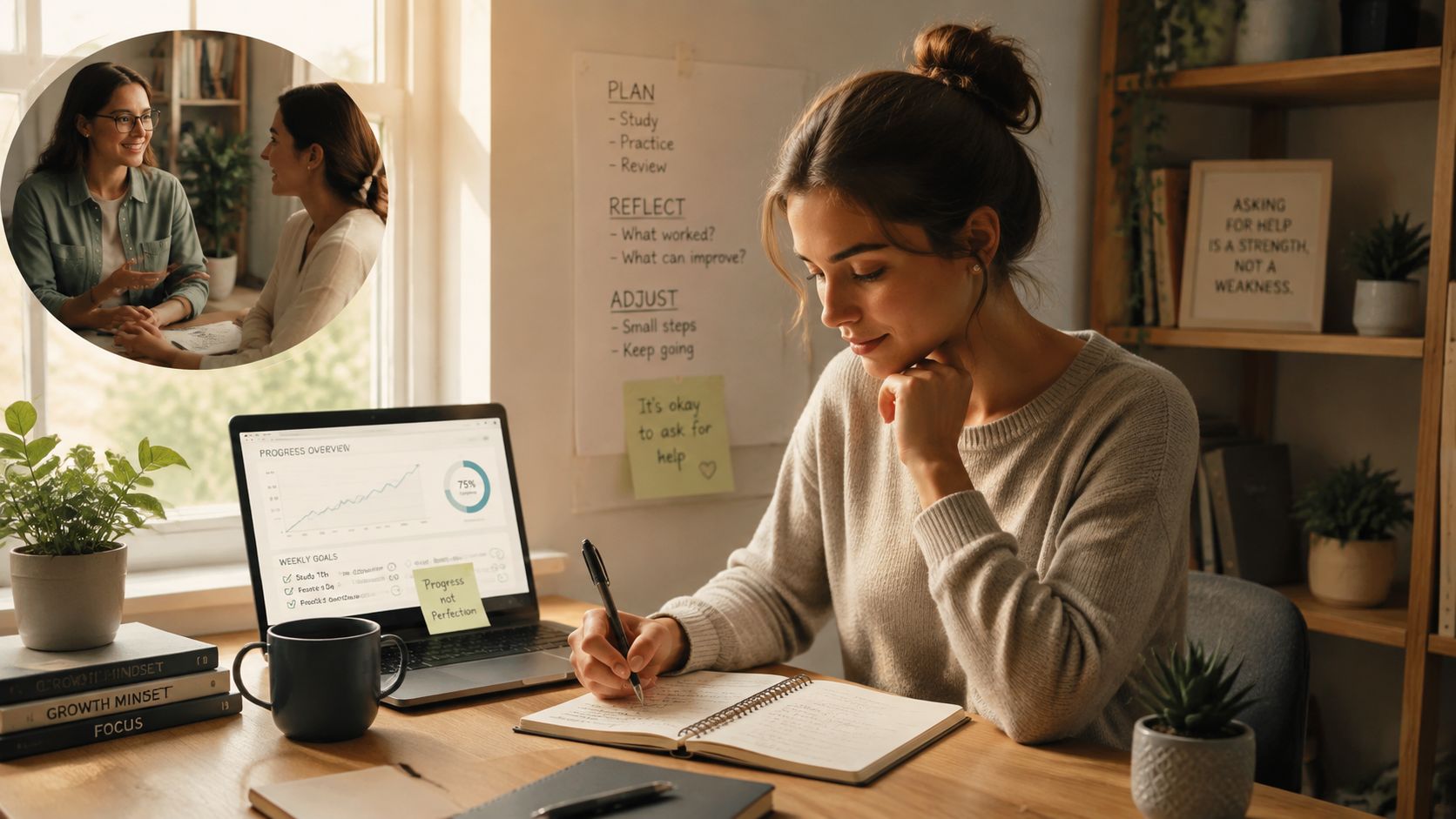 A focused woman sitting at a desk with a laptop and journal, promoting mental wellness and personal growth.