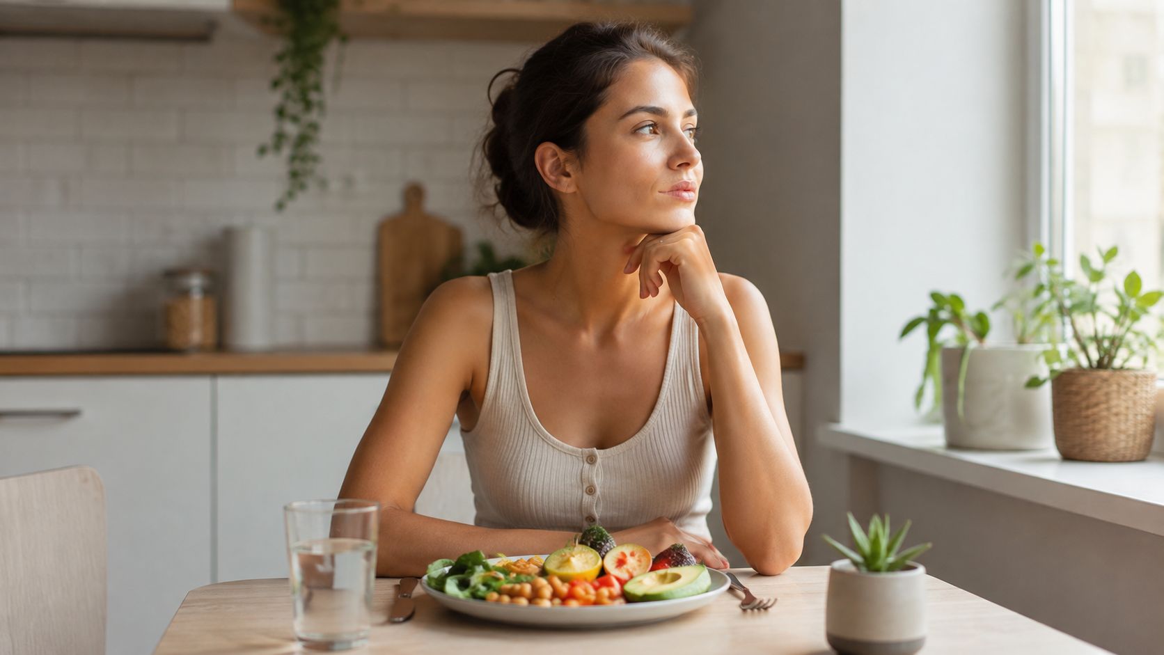 A woman eating a healthy salad with avocado and chickpeas while looking thoughtfully out a window.