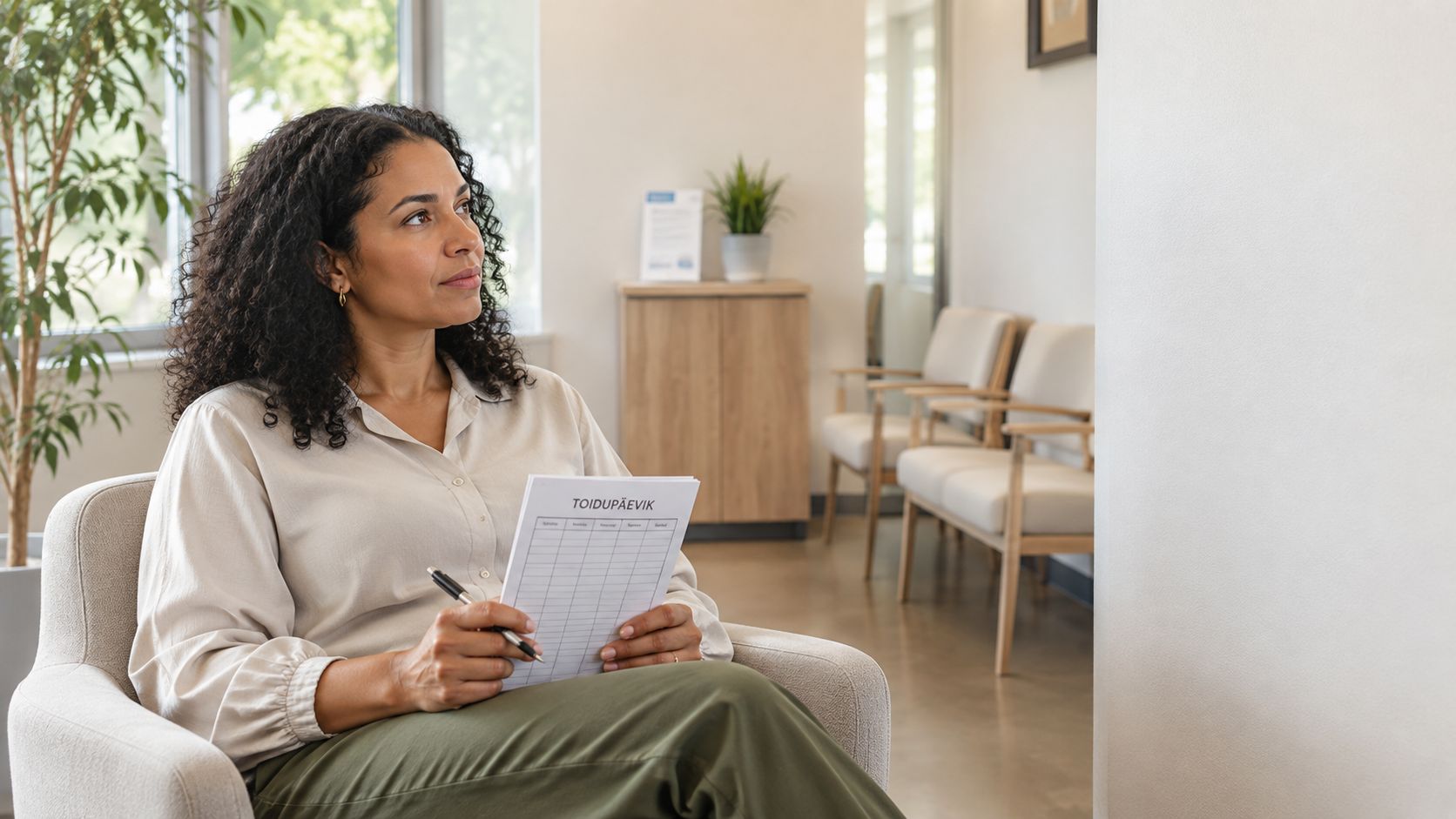 A woman holding a meal plan document while sitting in a bright, modern clinic waiting room area.