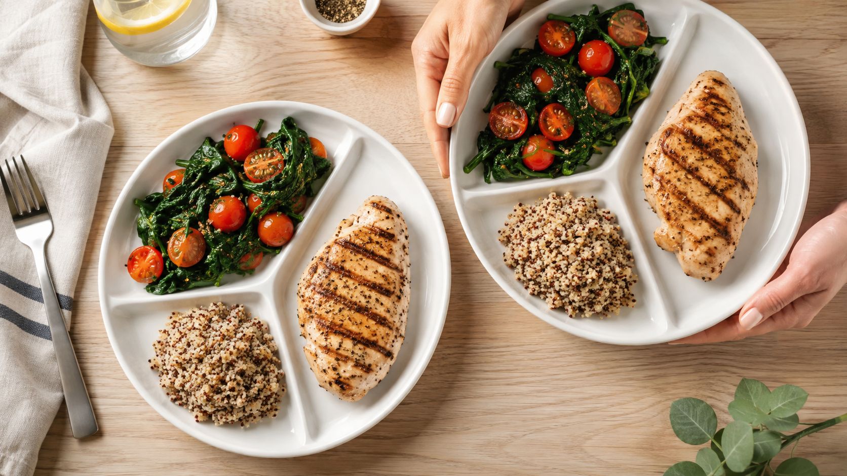 Two divided plates containing grilled chicken, quinoa, and sautéed spinach with cherry tomatoes on a wooden table.