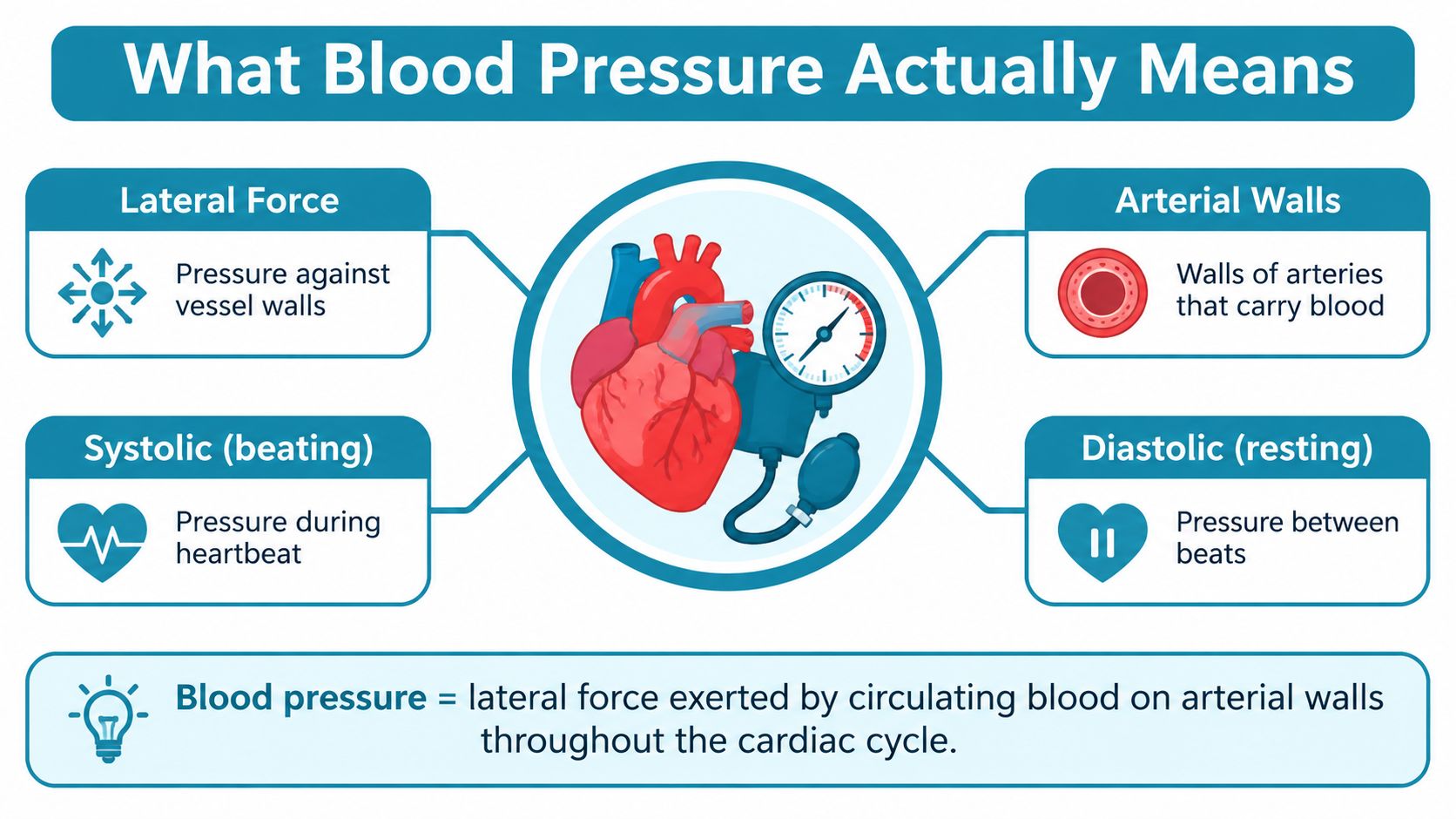 An infographic explaining blood pressure, showing its definition, components, and the difference between systolic and diastolic pressure.