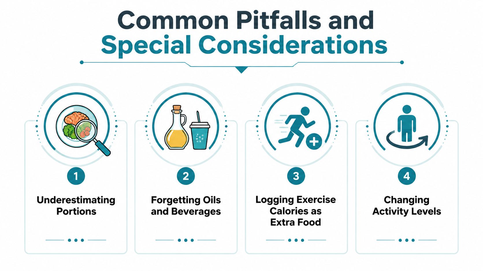 An infographic titled Common Pitfalls and Special Considerations highlighting four common mistakes made when tracking calorie intake.
