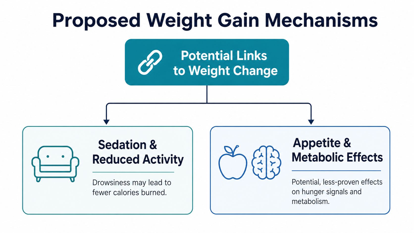 A diagram illustrating two proposed mechanisms for weight gain: sedation and reduced activity, and appetite and metabolic effects.