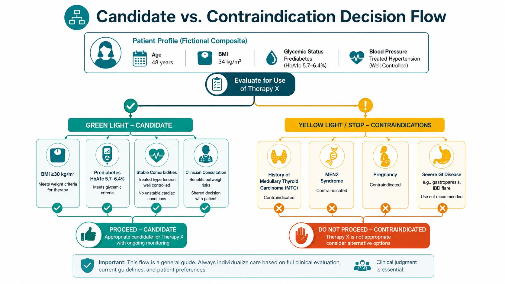 A clinical flowchart demonstrating the evaluation process for identifying candidates for Therapy X versus contraindications.