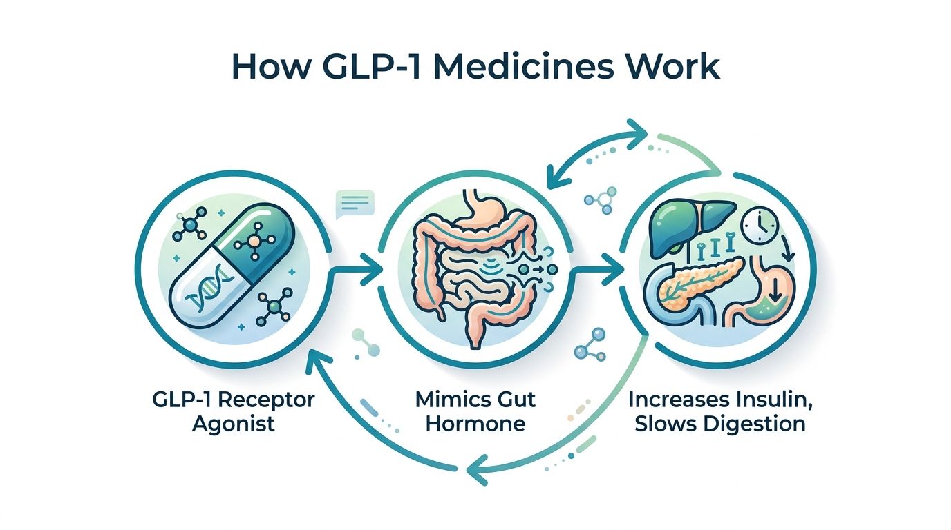 A diagram illustrating the mechanism of GLP-1 receptor agonist medications, showing their role in mimicking gut hormones.