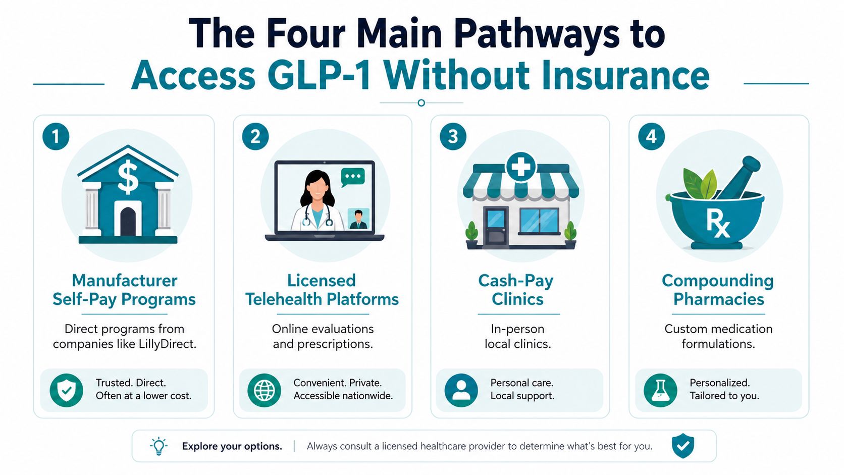An infographic showing four pathways to access GLP-1 medications without insurance, including self-pay programs, telehealth, clinics, and pharmacies.