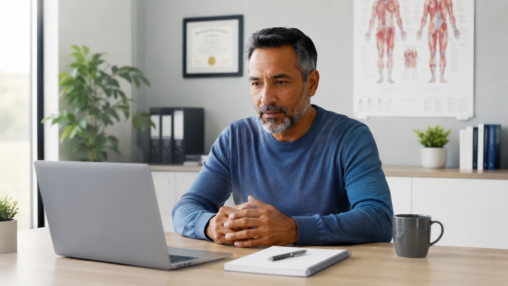 A middle-aged doctor sitting at a desk and reviewing patient information on a laptop computer.