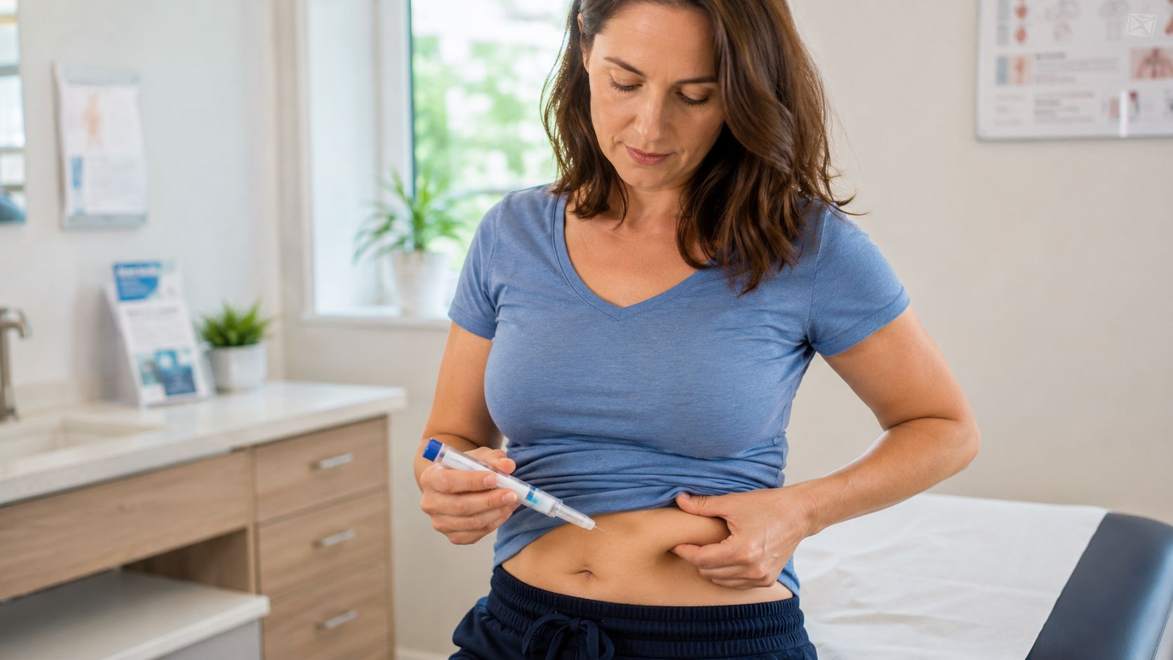 A woman preparing to inject medication into her abdomen using a pen-style medical device in a clinic.