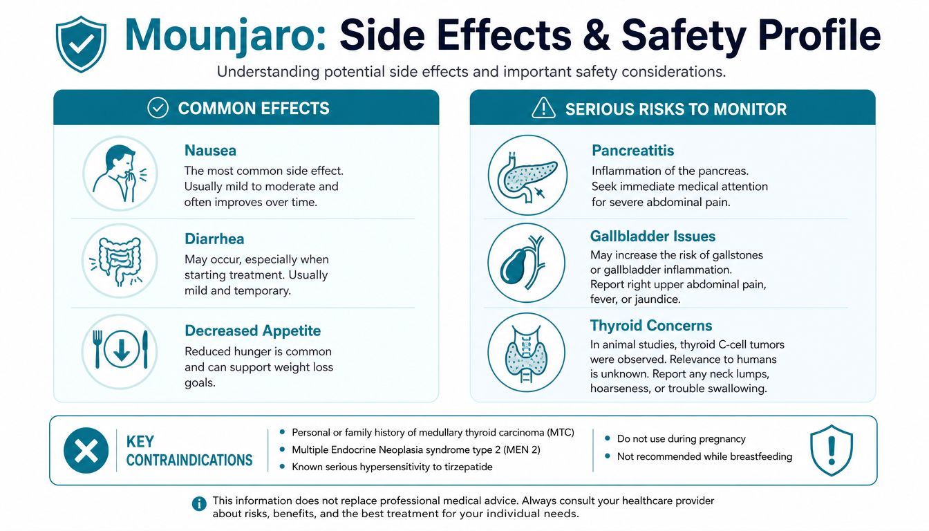 An infographic summarizing Mounjaro side effects, serious risks to monitor, and key contraindications for patient safety.