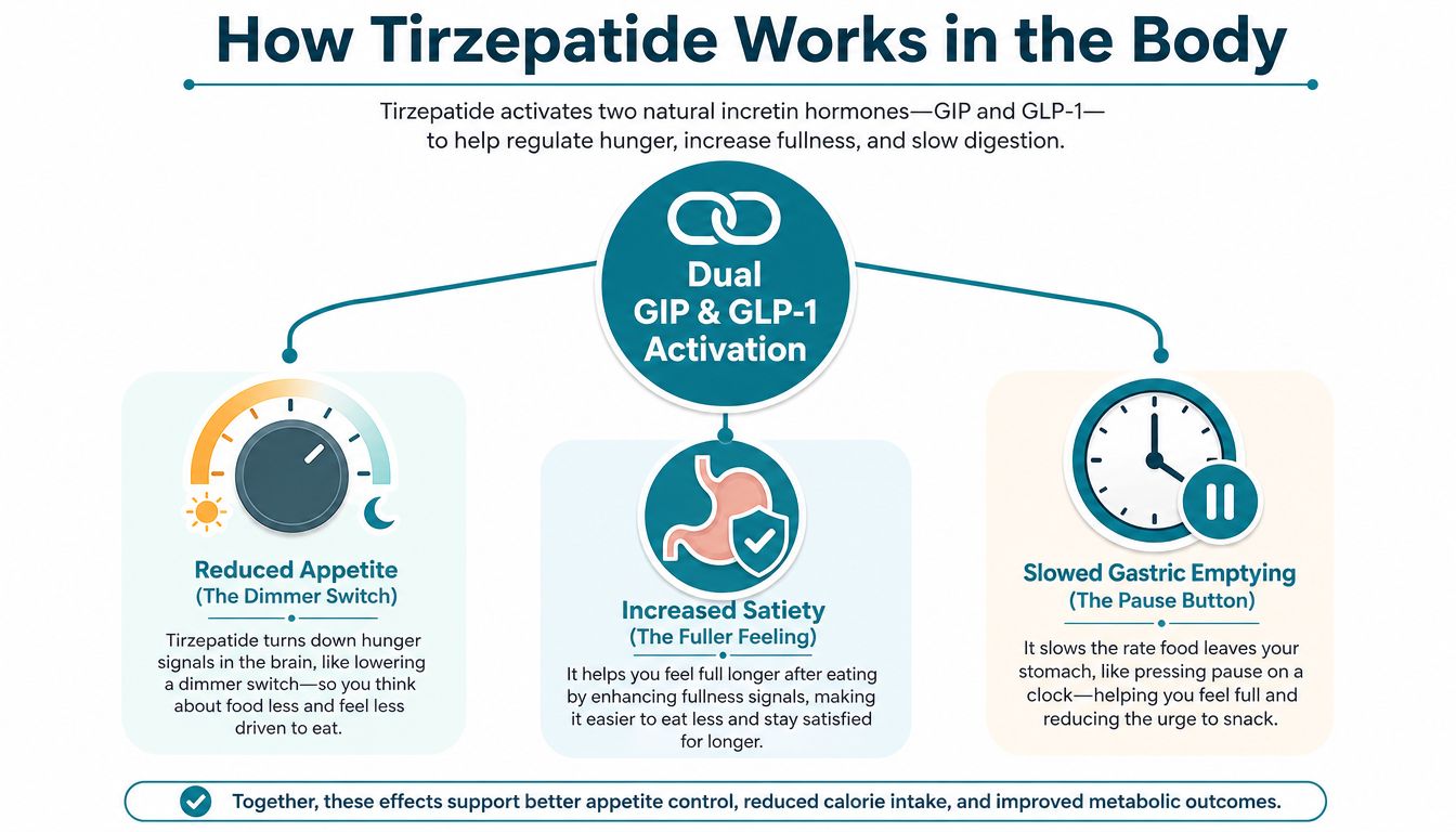 An infographic showing how Tirzepatide regulates hunger by activating GIP and GLP-1 hormones in the body.
