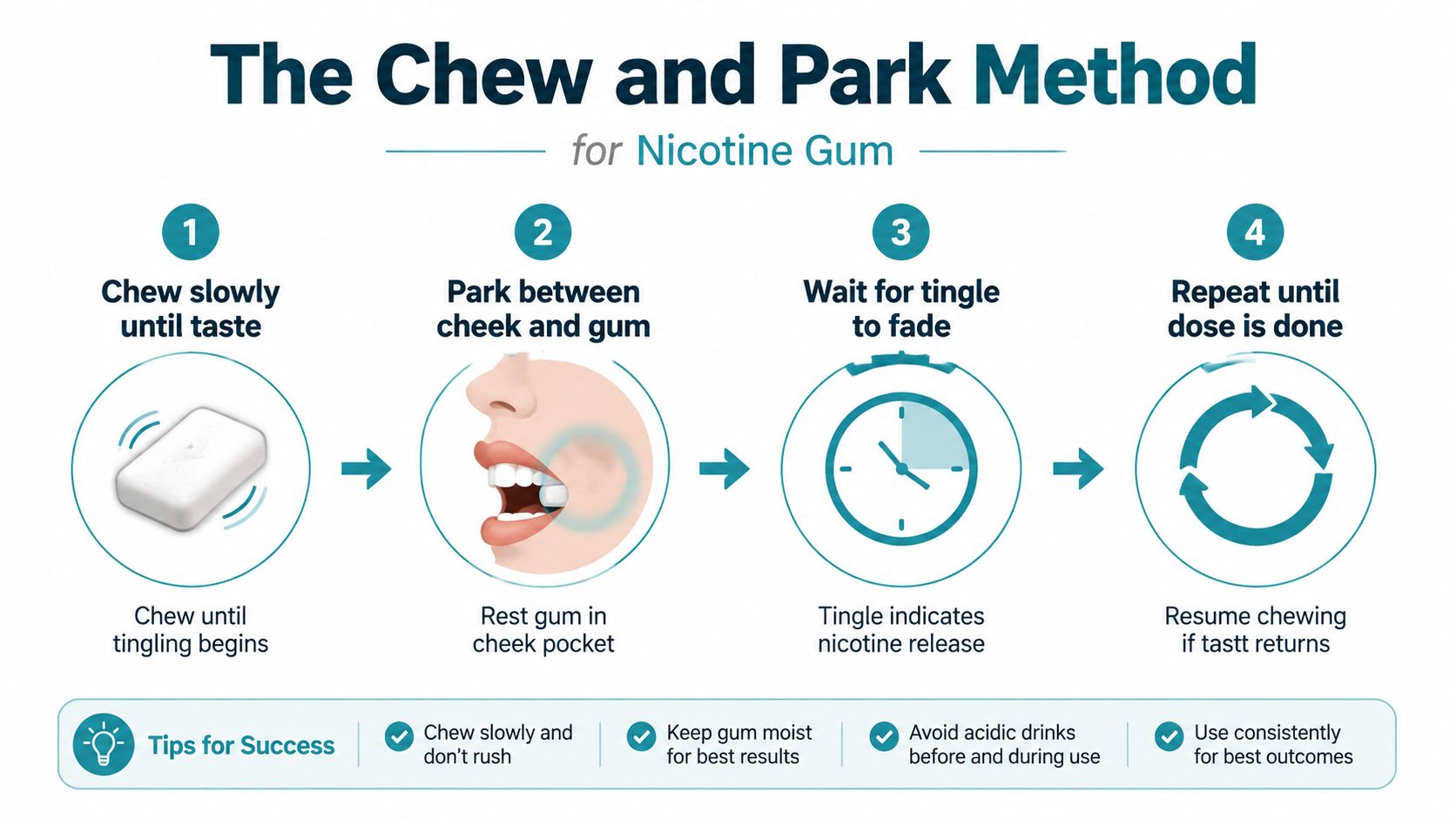 An infographic titled The Chew and Park Method for Nicotine Gum illustrating four steps to use nicotine gum effectively.