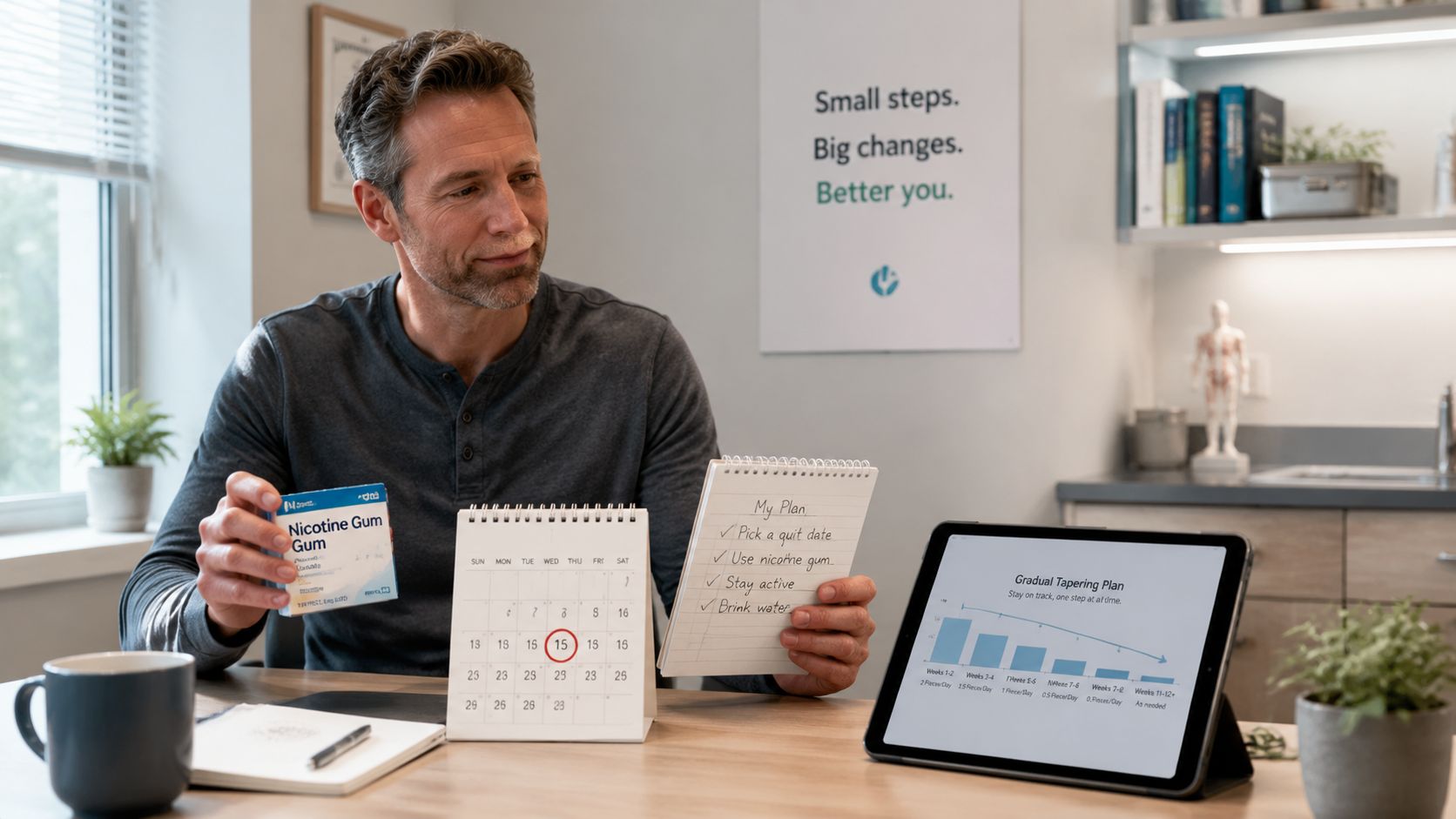 A man holds a box of nicotine gum and a notebook while sitting at a desk with a calendar.