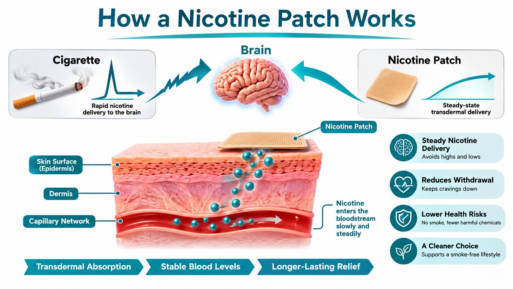 A diagram illustrating how a nicotine patch works by delivering steady nicotine transdermally into the bloodstream.