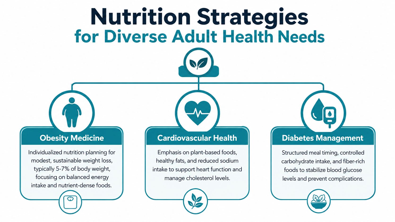 An infographic titled Nutrition Strategies for Diverse Adult Health Needs, outlining dietary approaches for obesity, cardiovascular health, and diabetes.