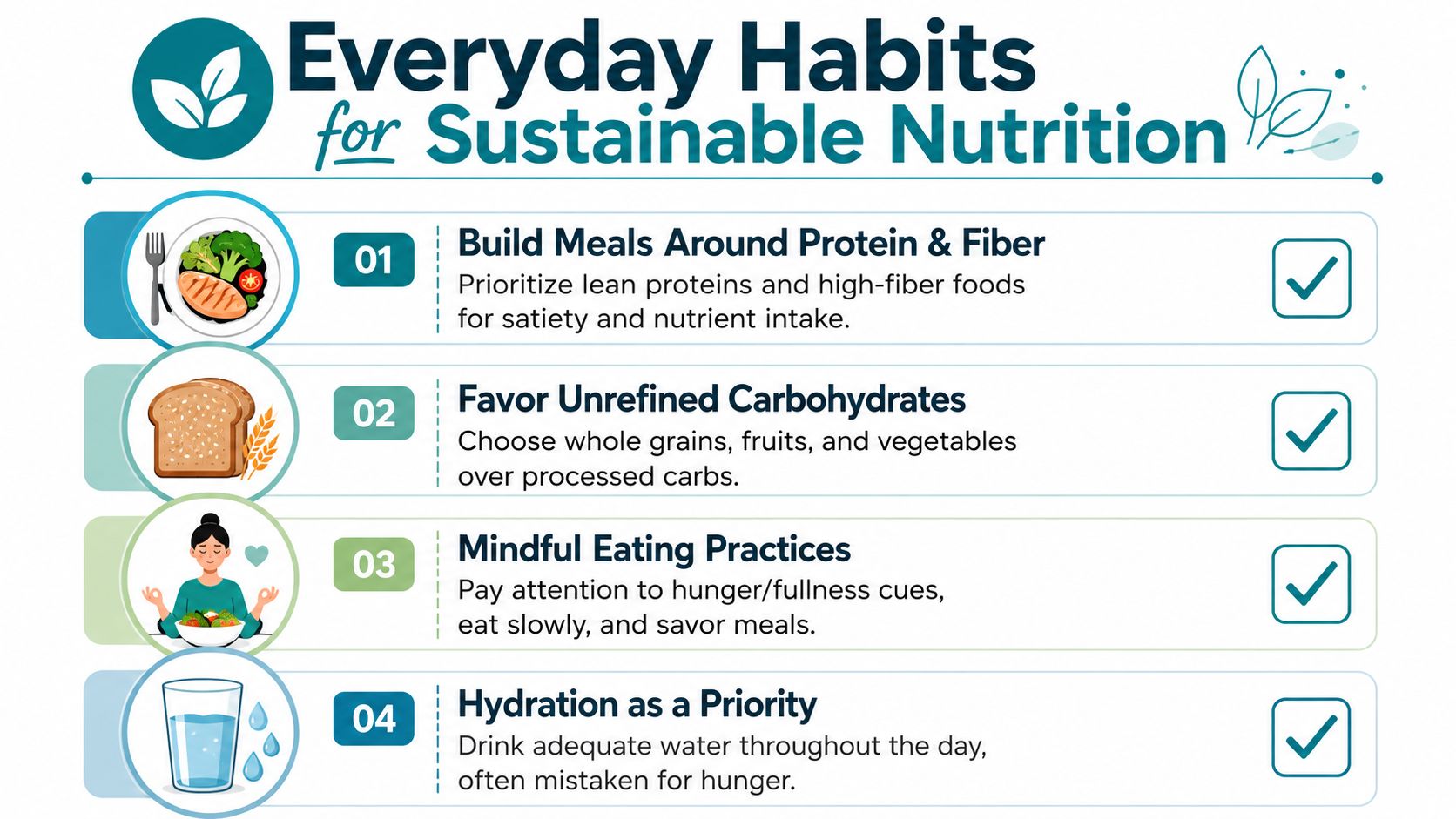 An infographic titled Everyday Habits for Sustainable Nutrition with four tips on healthy eating and hydration habits.