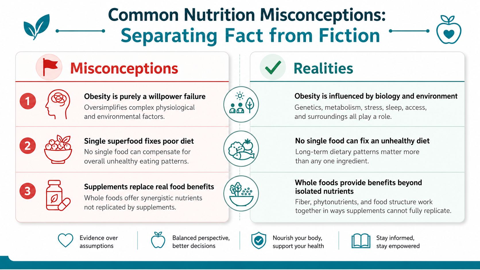 An infographic comparing three common nutrition misconceptions with evidence-based realities to promote healthier dietary and lifestyle choices.