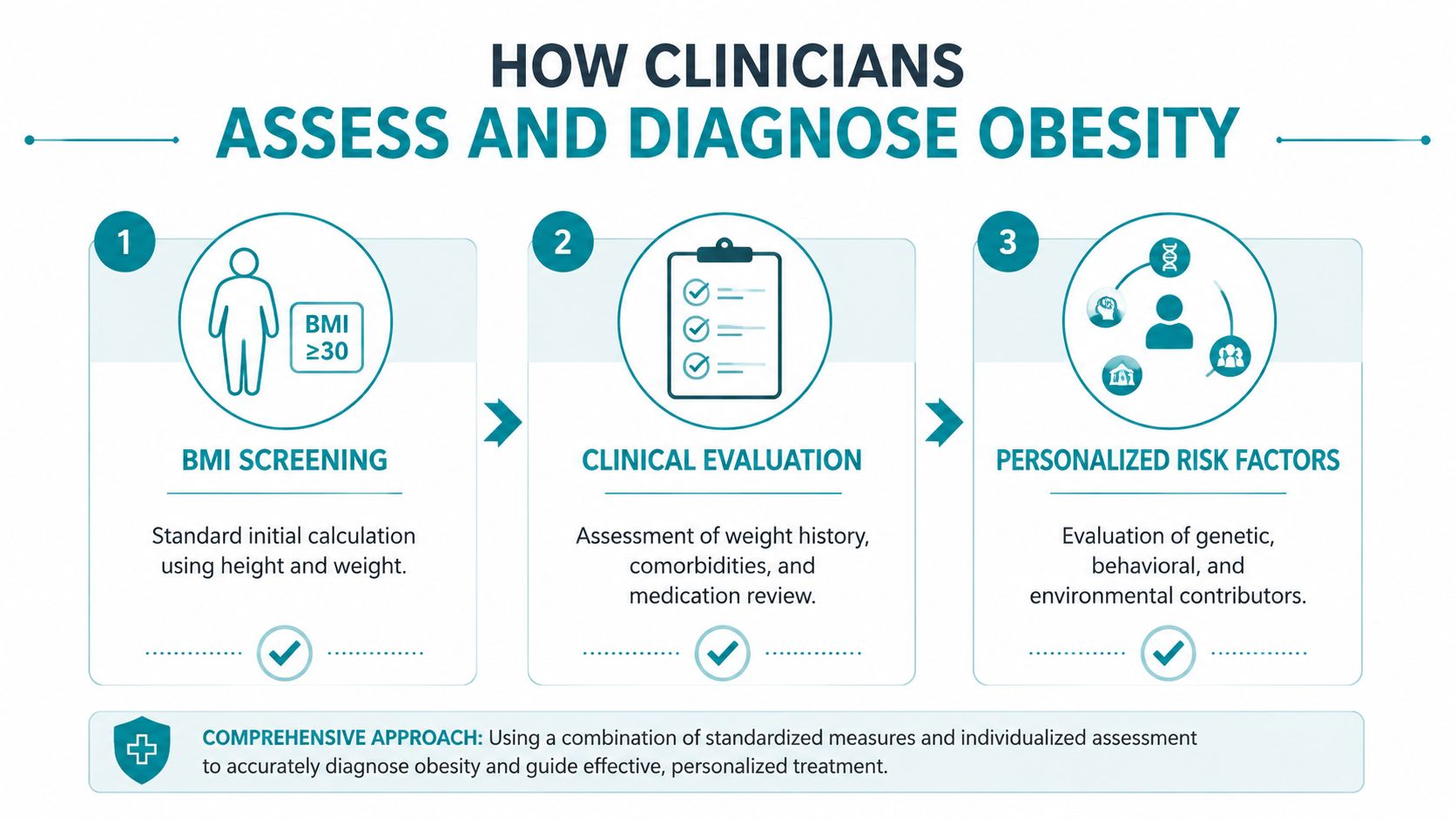 An infographic illustrating the three steps clinicians use to assess and diagnose obesity through evaluation and screening.