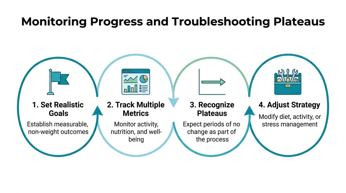 A four-step infographic showing how to monitor progress and troubleshoot weight loss plateaus effectively.