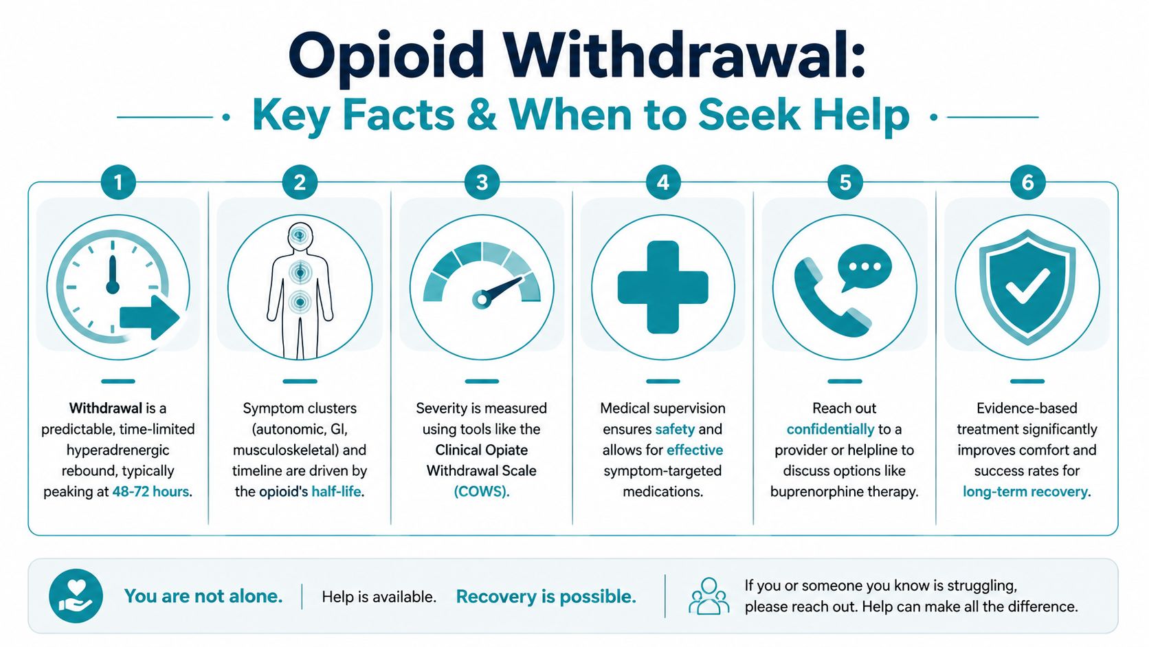 An infographic titled Opioid Withdrawal outlining six key facts about the process and seeking medical support.
