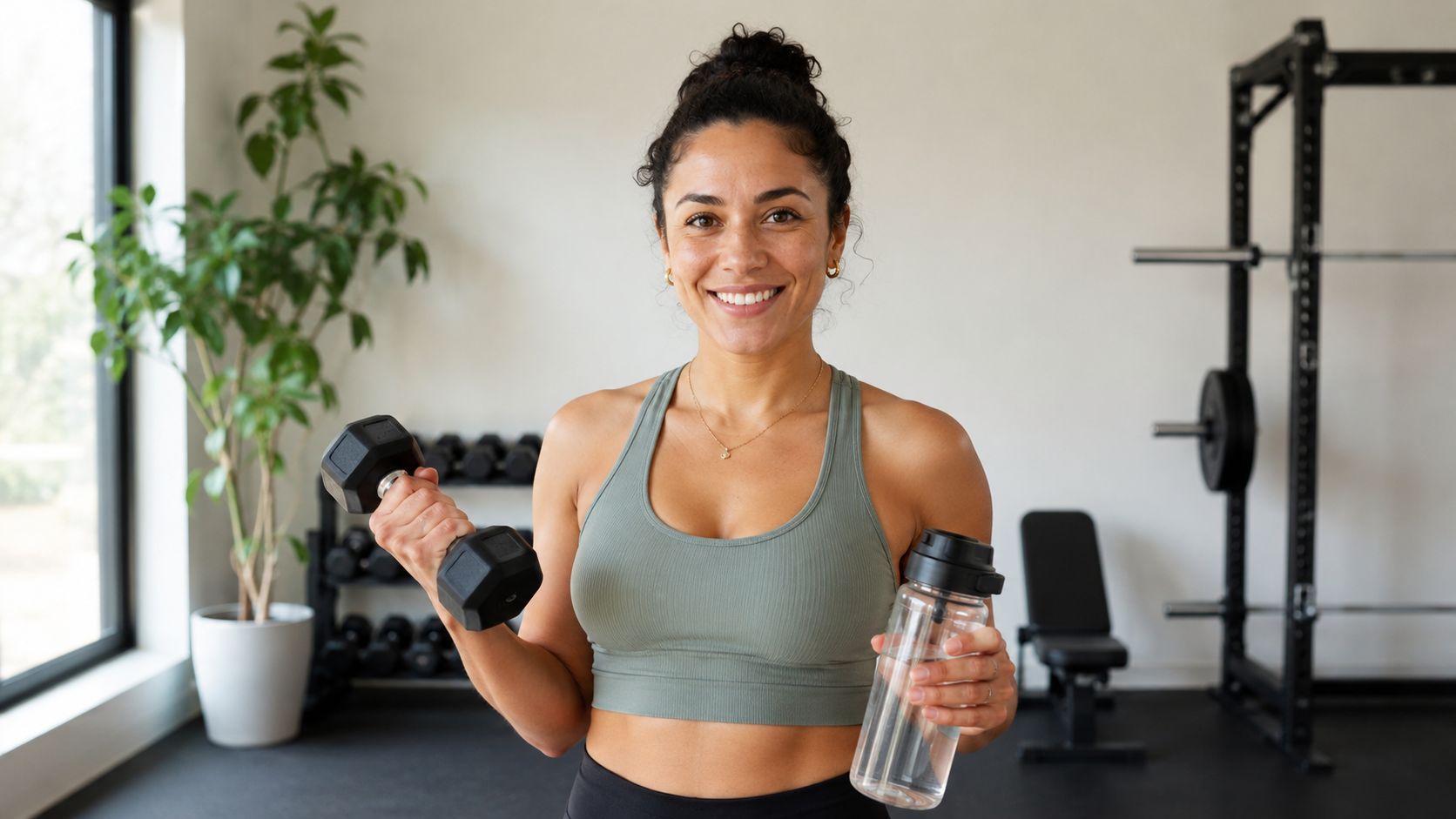 A fit woman in a green sports bra holding a dumbbell and a water bottle in a gym.