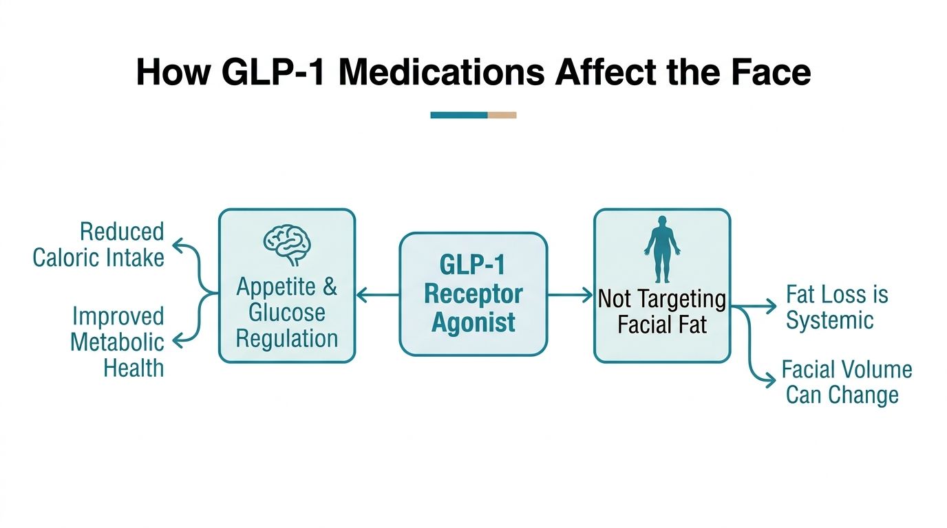A diagram illustrating how GLP-1 receptor agonist medications cause systemic fat loss, affecting facial volume.