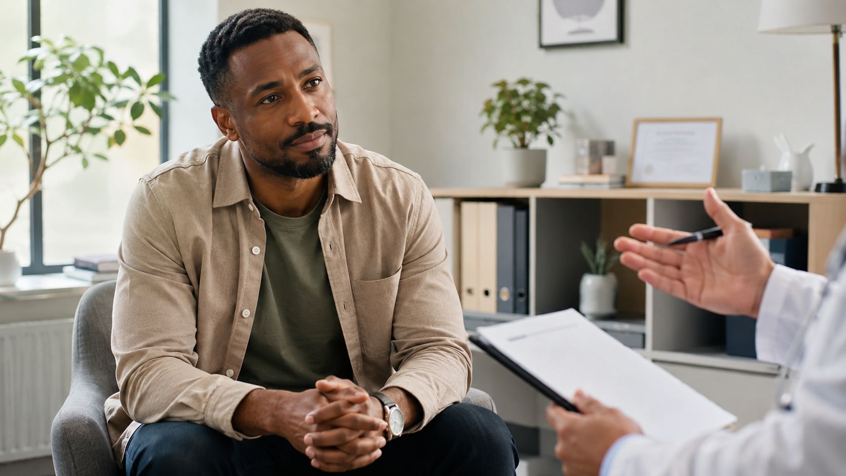 A male patient sitting in an office chair having a consultation with his doctor about diabetes treatment.