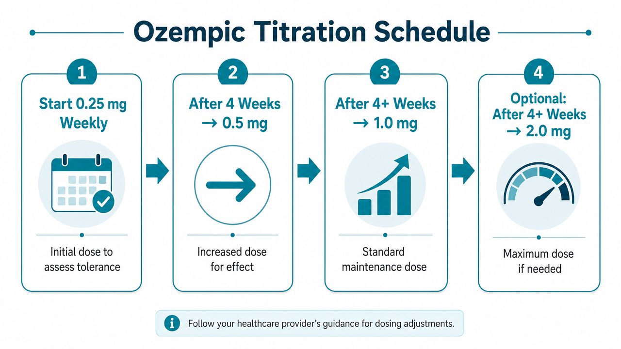 A visual guide outlining the standard Ozempic titration schedule from initial 0.25 mg dose to 2.0 mg.