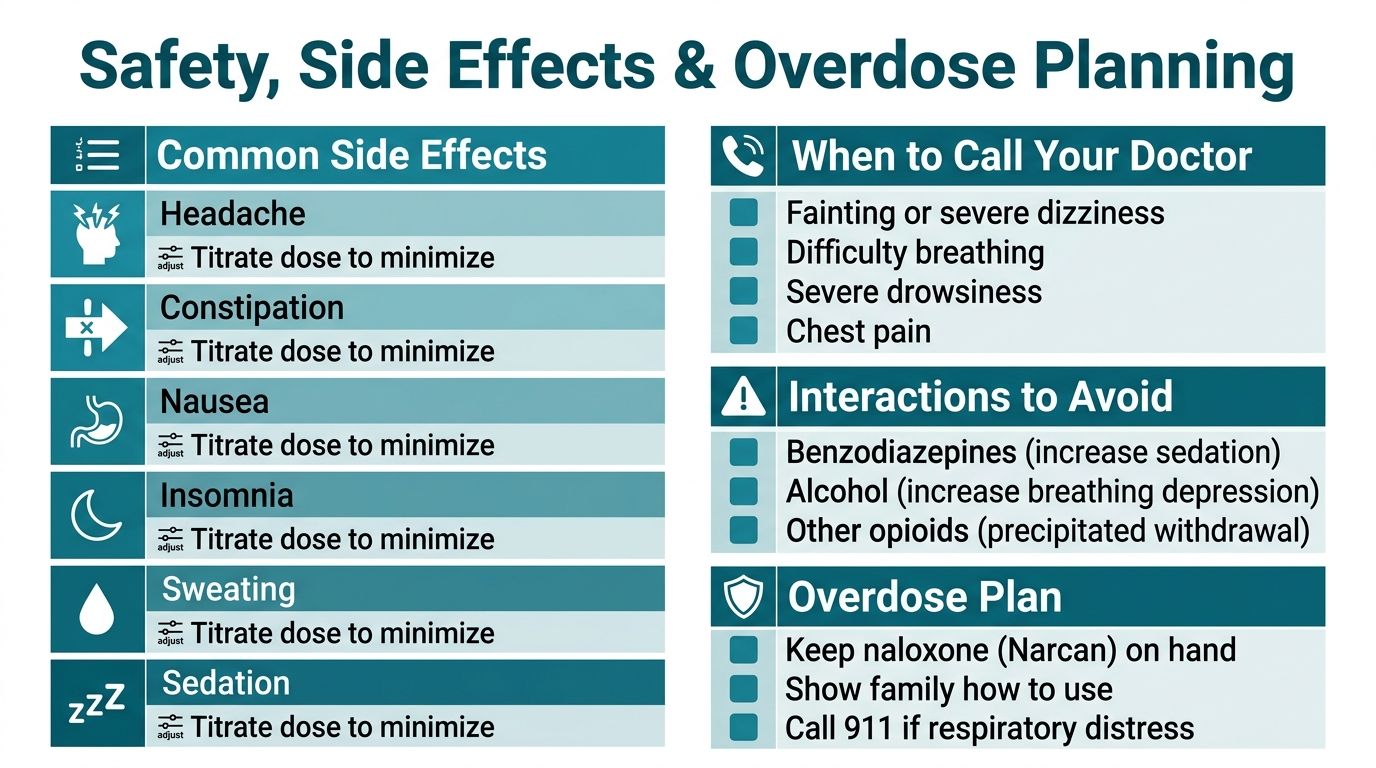 A safety, side effects, and overdose planning chart for Suboxone treatment, outlining medical guidance and precautions.