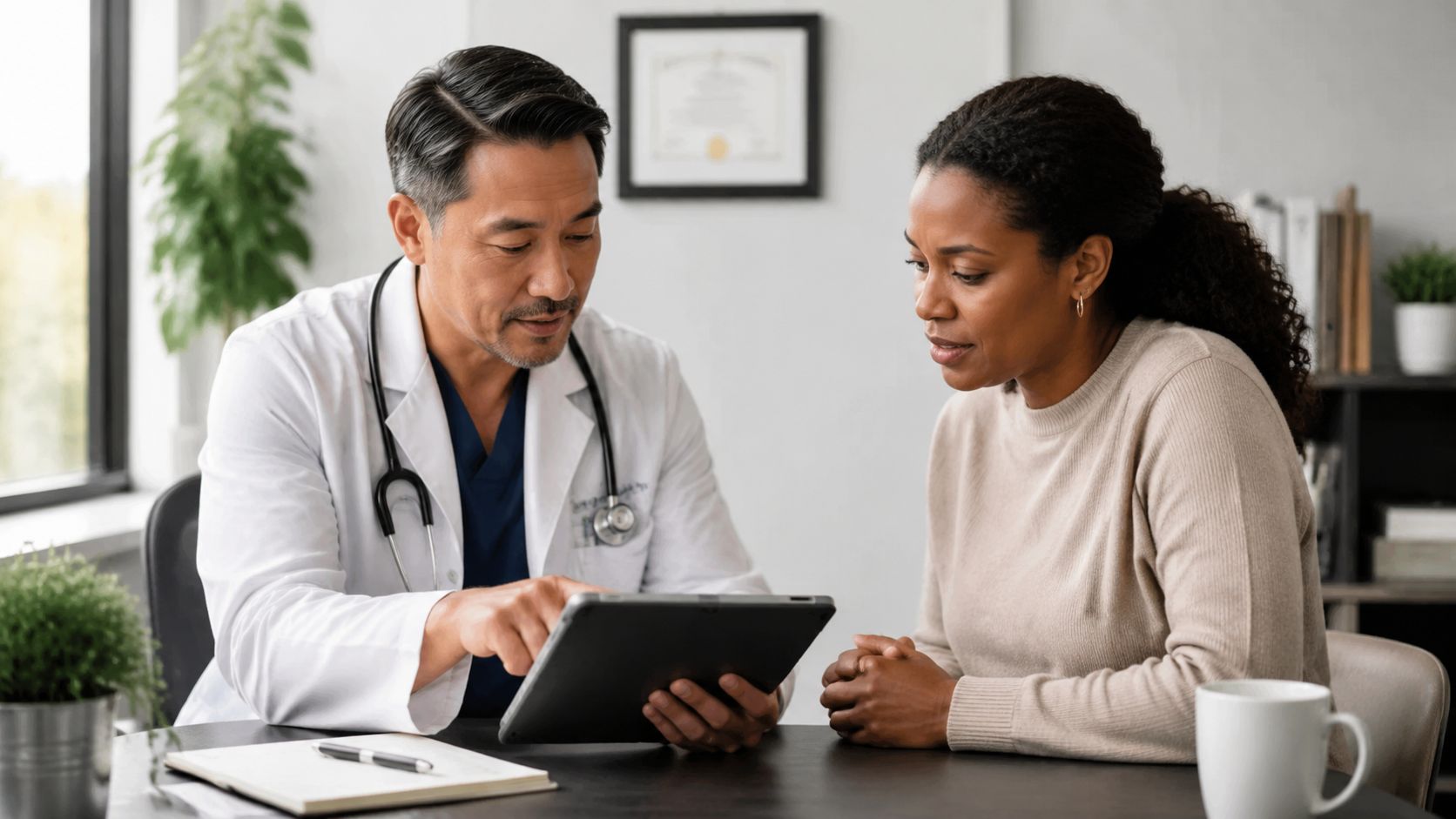 An Asian doctor in a white coat shows medical data on a tablet to a female patient.