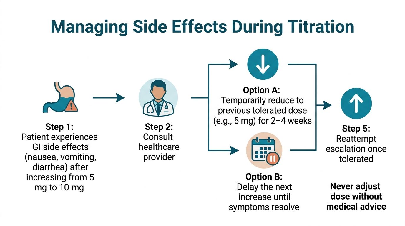A flow chart illustrating the steps to manage gastrointestinal side effects during medication titration and dose adjustment.