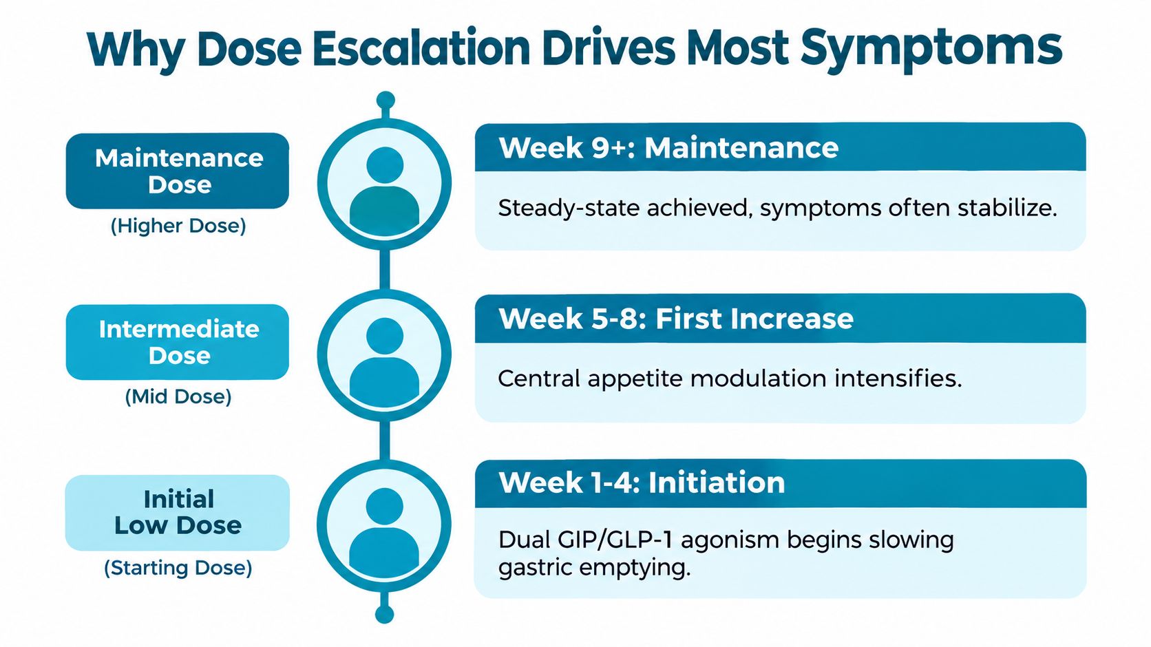 A diagram illustrating how escalating tirzepatide doses affect patients from the initial four weeks through maintenance.
