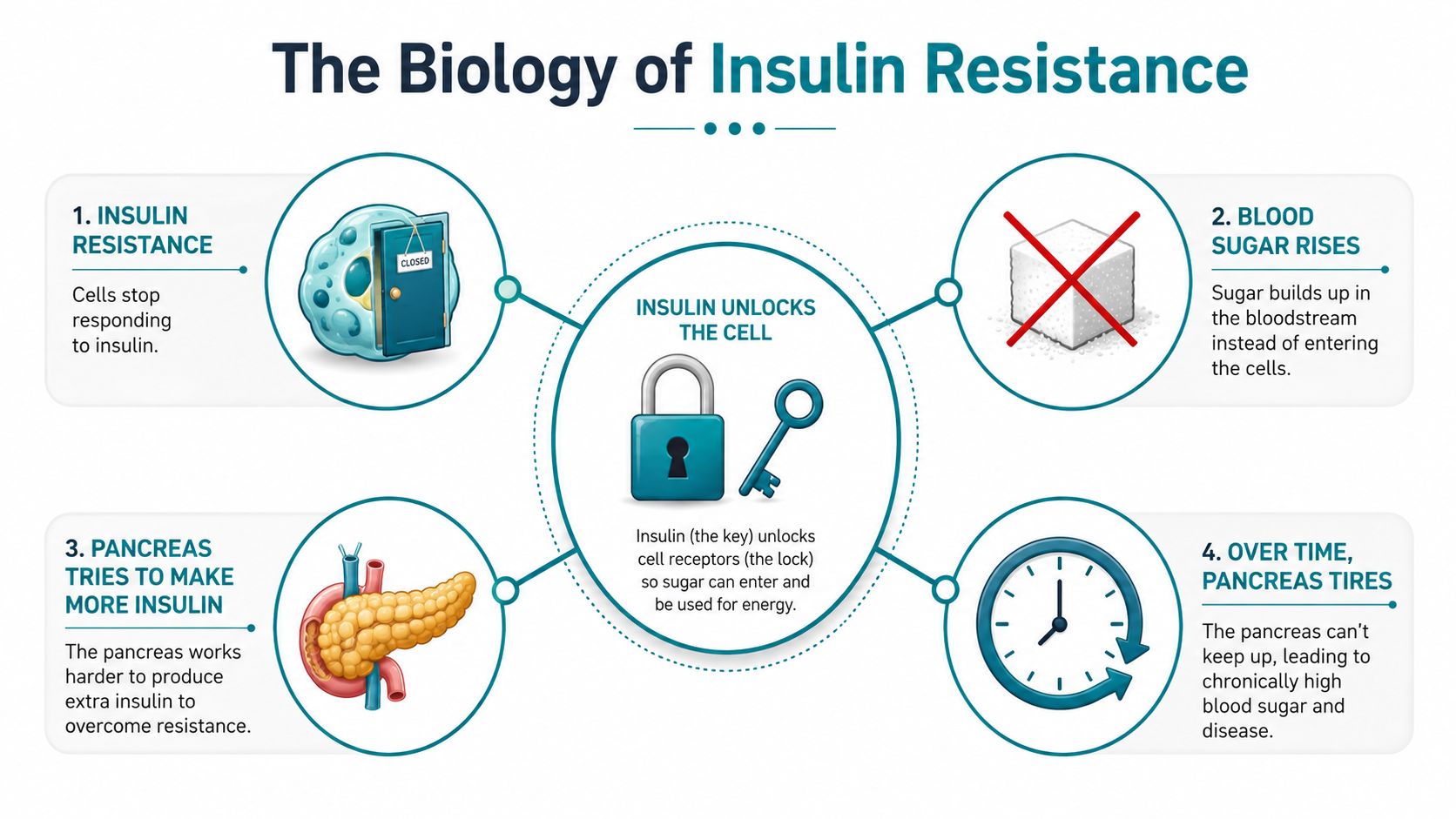 A diagram illustrating the biological process of insulin resistance in the body with four numbered steps.