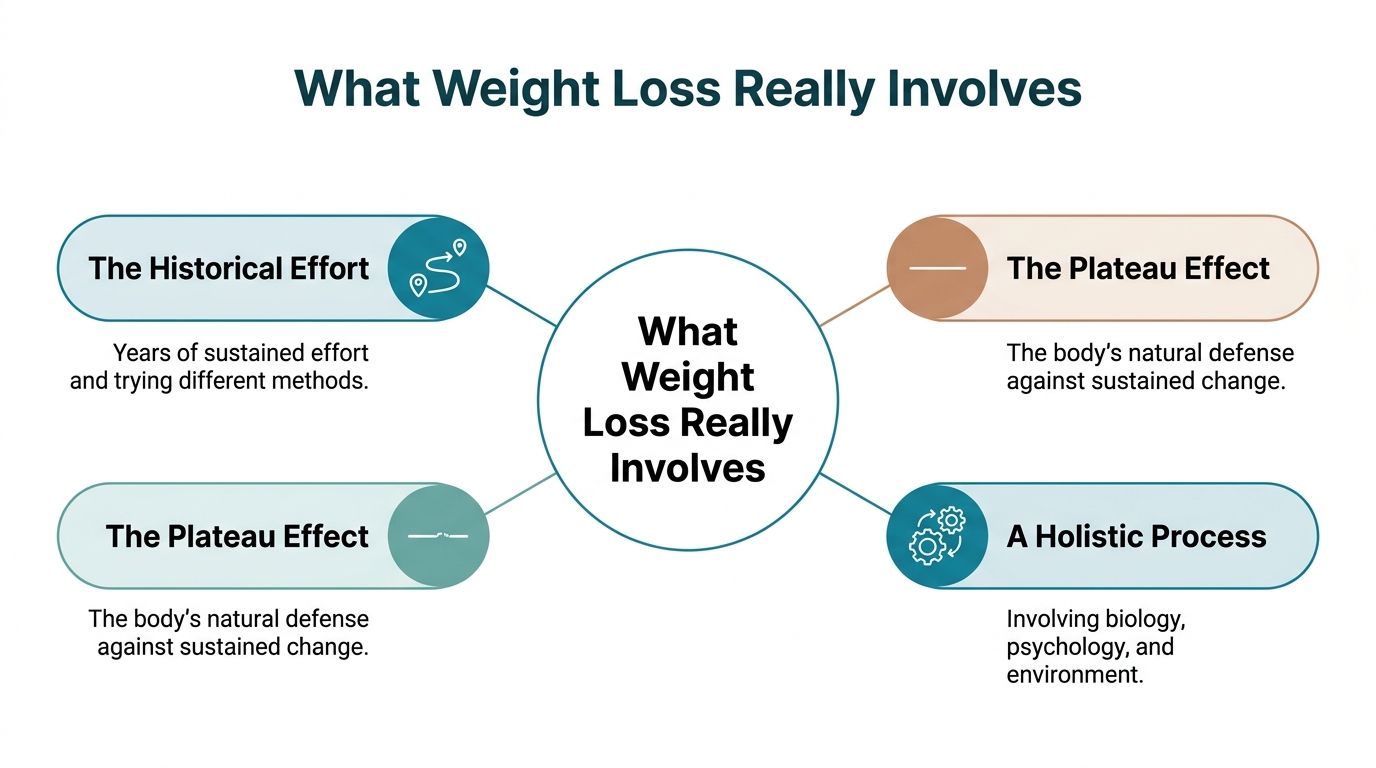 A diagram illustrating the complex factors involved in weight loss including effort, plateaus, and holistic biological processes.