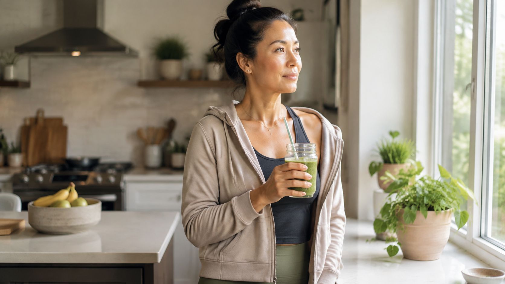 A fit woman holding a green smoothie while looking out of her kitchen window at home.