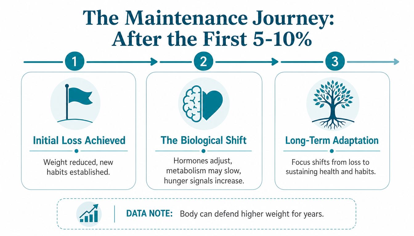 A three-step infographic titled The Maintenance Journey explaining phases after initial initial weight loss success.