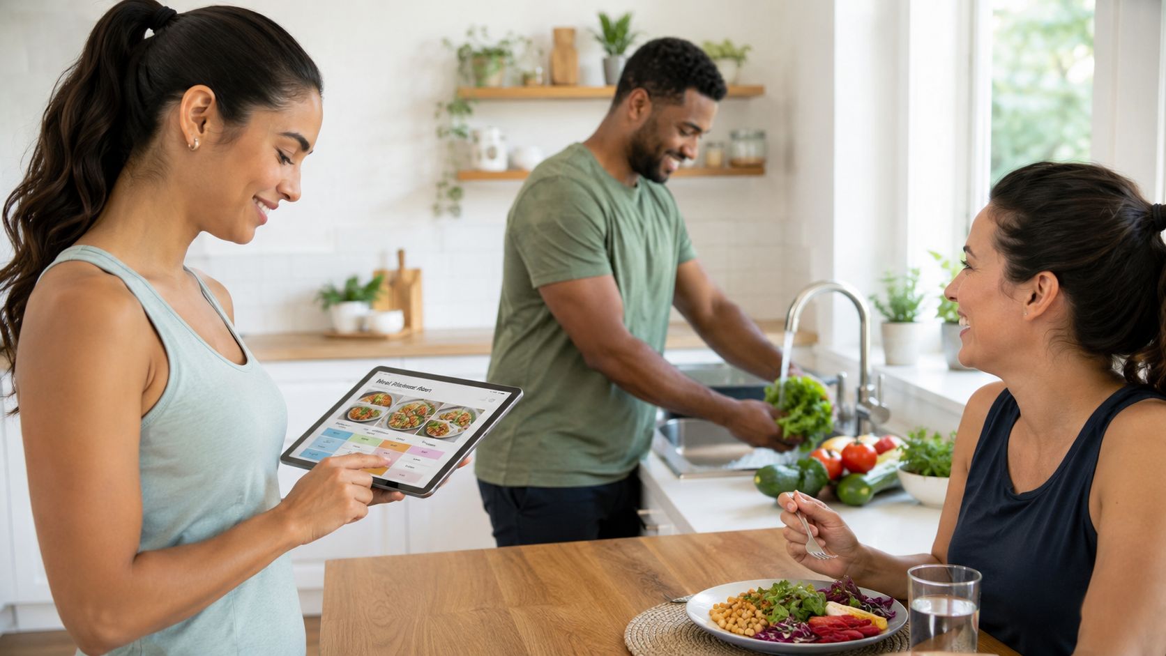 A happy group of friends in a bright kitchen sharing a healthy meal and planning diet.