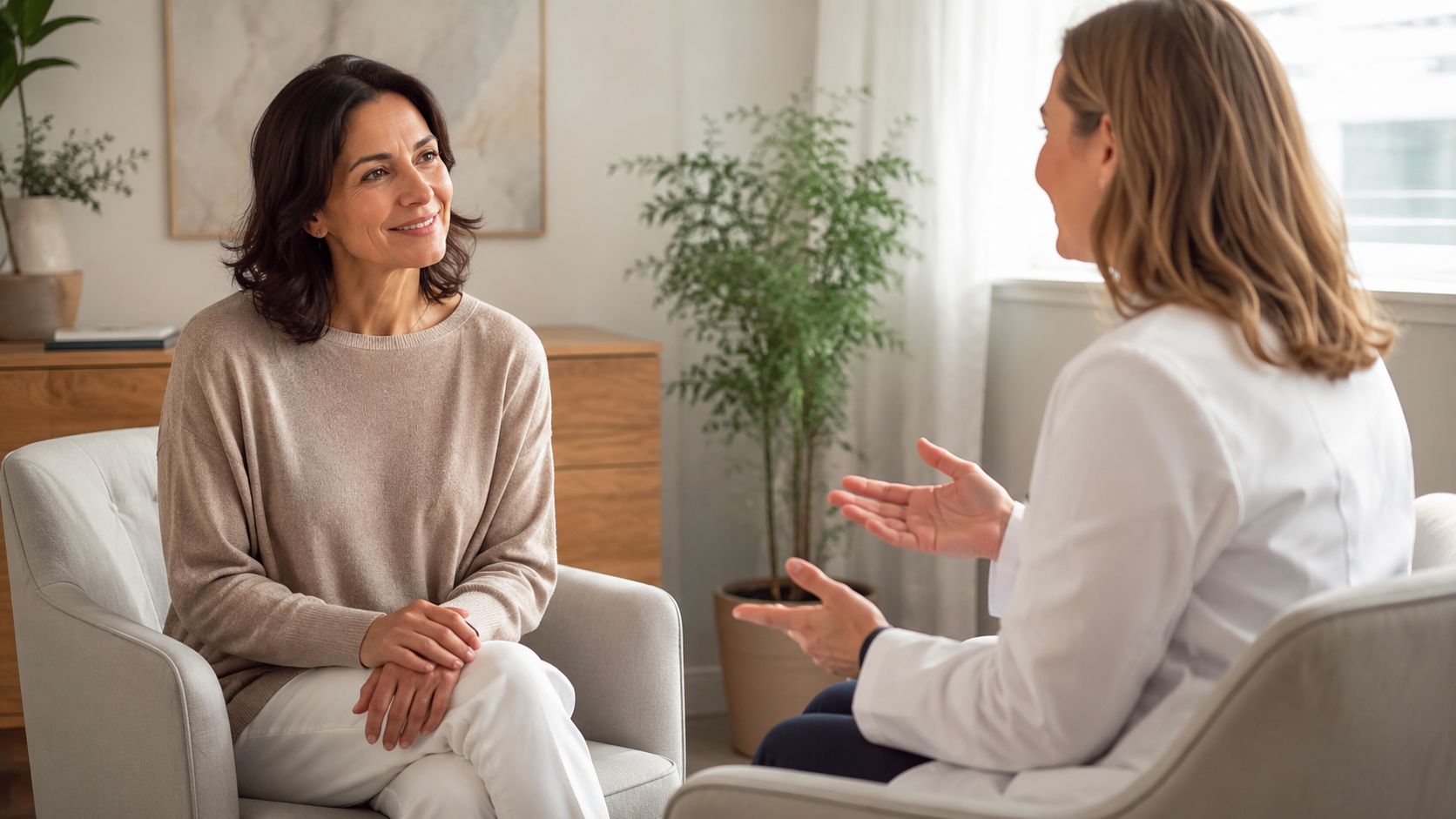 A woman talking to a medical professional during a consultation in a bright, modern office setting.