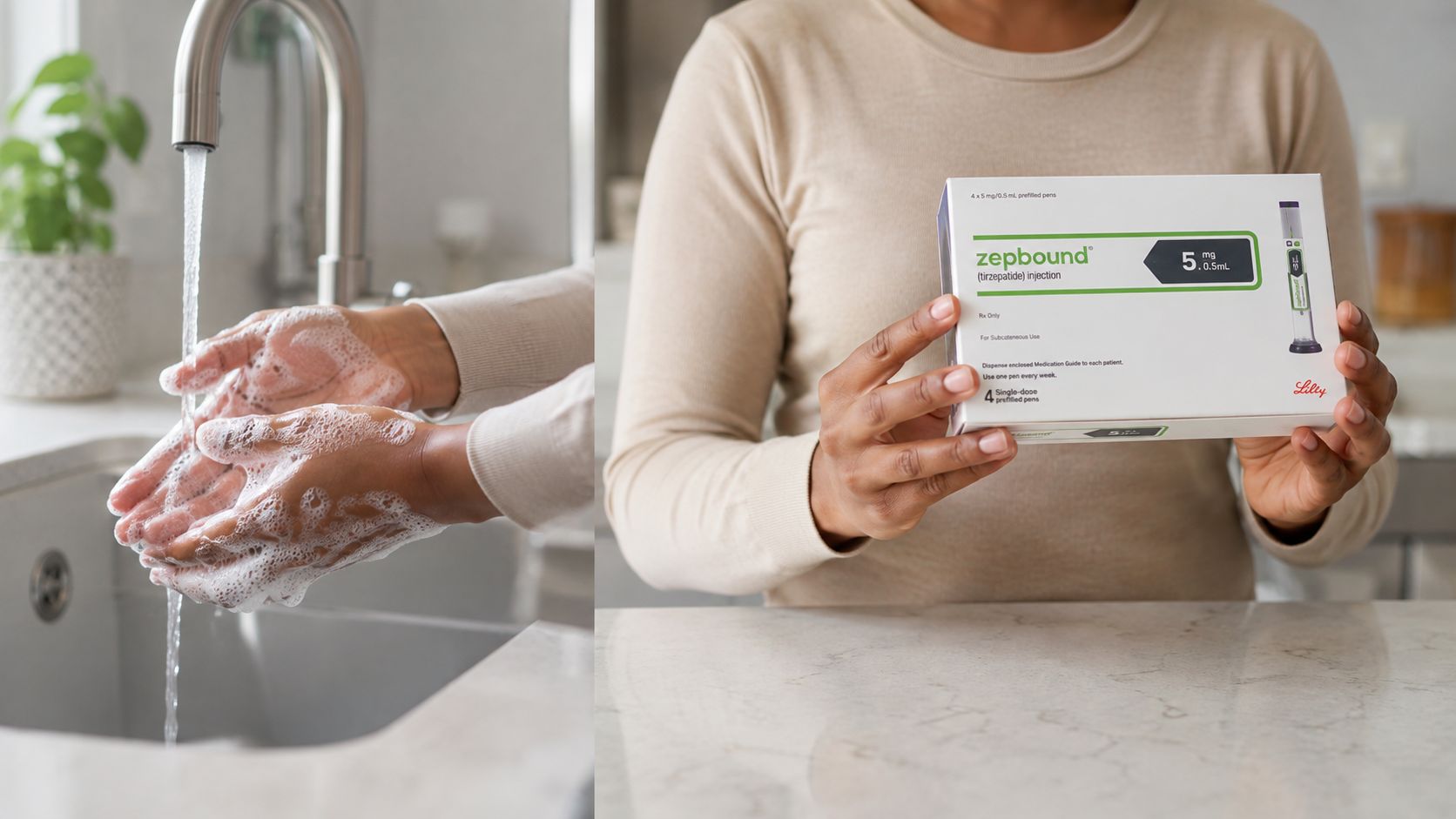 A person washing hands in a sink followed by holding a box of Zepbound medication.