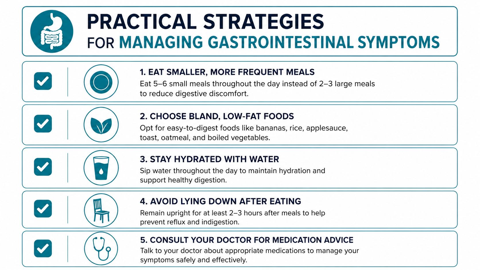 An infographic titled practical strategies for managing gastrointestinal symptoms, featuring five numbered tips for better digestive health.