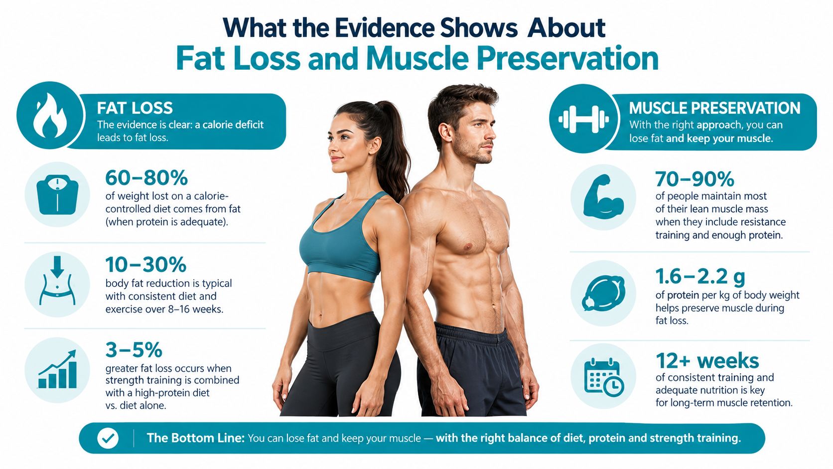 A fitness infographic explaining how to lose body fat while maintaining muscle mass through diet and exercise.