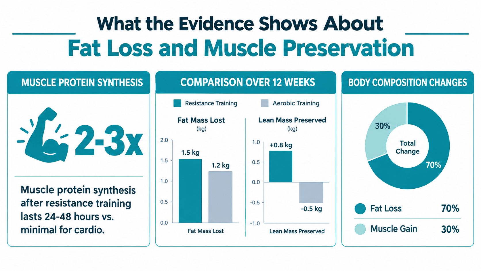 An infographic comparing fat loss and muscle retention results between resistance training and aerobic exercise programs.