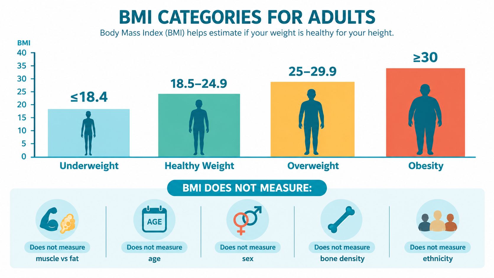 A chart showing BMI categories for adults with BMI ranges and factors that BMI does not measure.