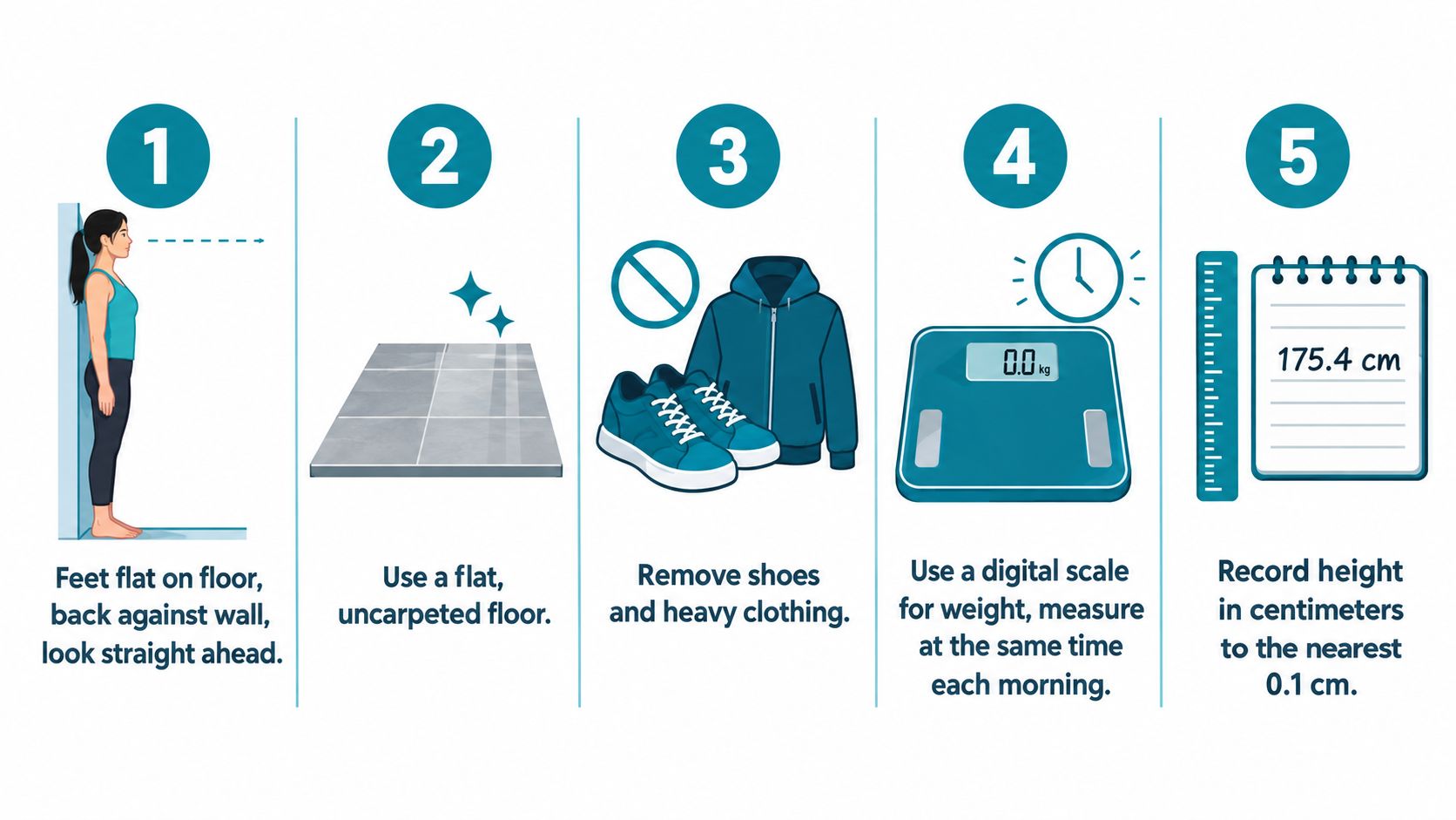 A five-step infographic showing the correct procedure for measuring body weight and height at home.