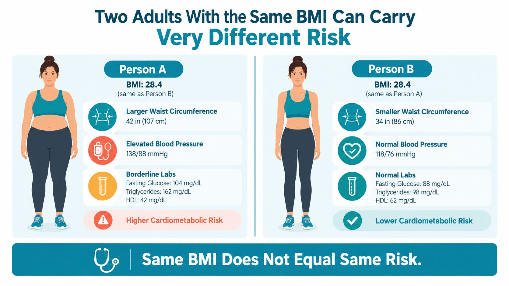 A comparison graphic showing two individuals with the same BMI but different health markers and cardiometabolic risks.