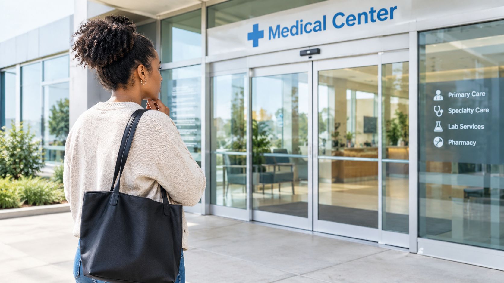A woman stands thoughtfully outside the glass entrance of a modern medical center building.