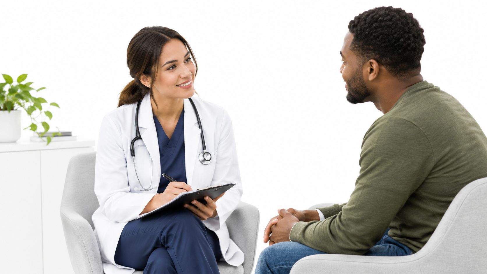 A smiling female doctor in a white lab coat taking notes while consulting a male patient.