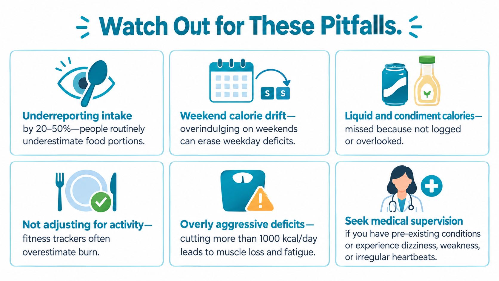 An infographic detailing common pitfalls to avoid when attempting to maintain a daily calorie deficit for weight loss.
